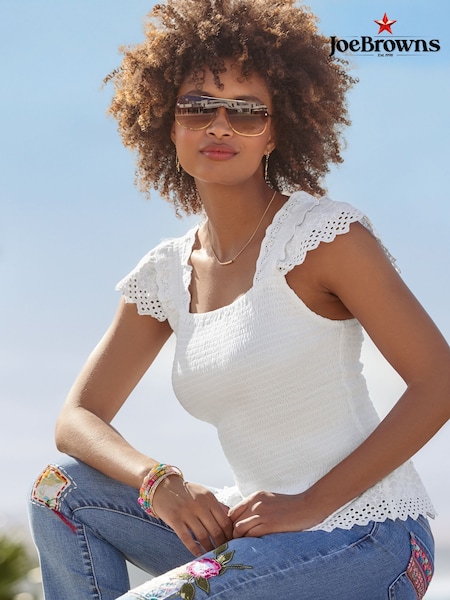 Joe Browns White Slim Fit 100% Cotton Frilly Broderie Peplum Top (W36315) | £45
