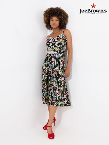 Joe Browns Black Tropical Print Tie Waist Contrast Strap Dress (W36316) | £60