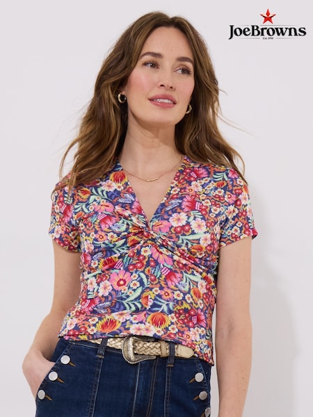Joe Browns Pink Bright Floral Knotted Twist Front Jersey Top (W36338) | £40