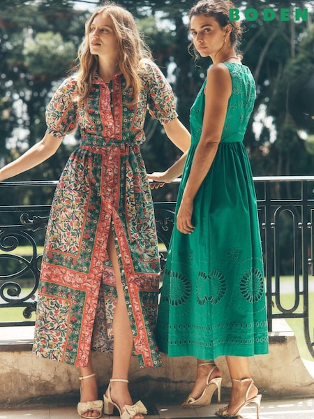 Boden Green Lauren Broderie Midi Dress (W36416) | £166