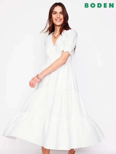 Boden White Anna Double Cloth 100% Cotton Midi Dress (W36451) | £98