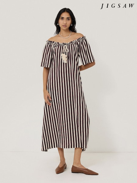 Jigsaw Red Drawstring Stripe 100% Cotton Dress (W36489) | £120