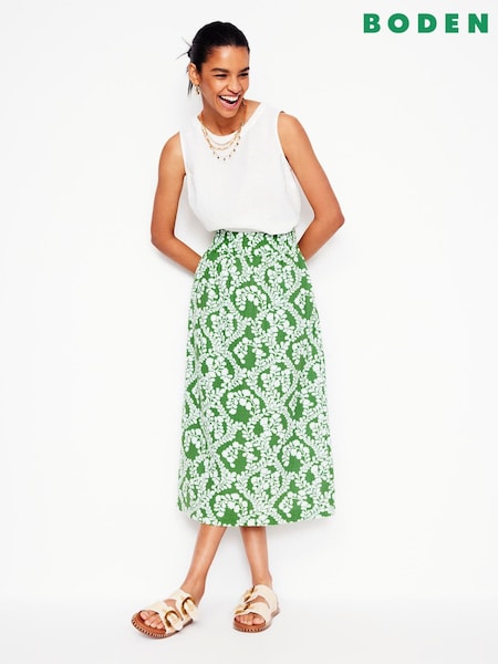 Boden Green Doublecloth Smocked 100% Cotton Midi Skirt (W36519) | £70