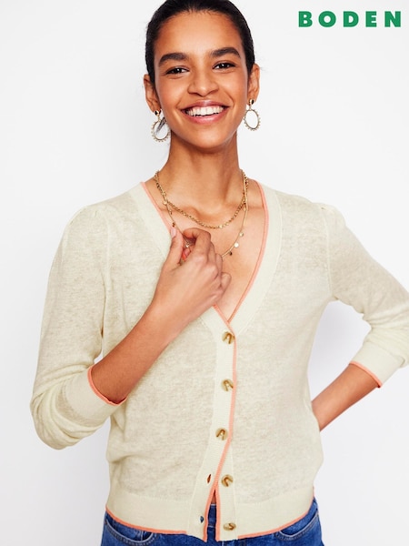 Boden Cream Liv V-Neck 100% Linen Cardigan (W36521) | £86