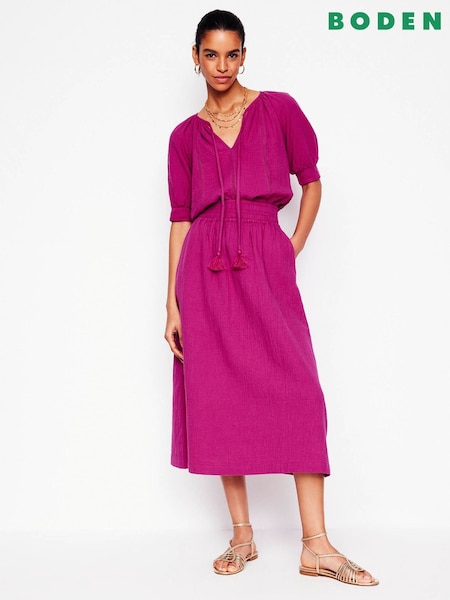 Boden Pink Doublecloth Smocked 100% Cotton Midi Skirt (W36525) | £66