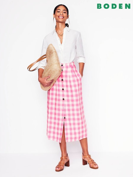 Boden Pink Gingham Thomasina 100% Linen Midi Skirt (W36537) | £98