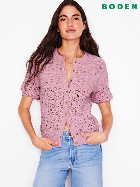 Boden Pink Elodie Stitch Crew 100% Cotton Cardigan (W36543) | £80