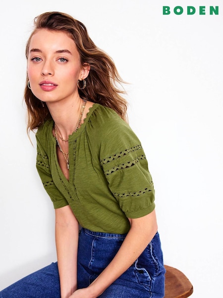 Boden Green Maisy Rikrak Trim 100% Cotton Top (W36580) | £46