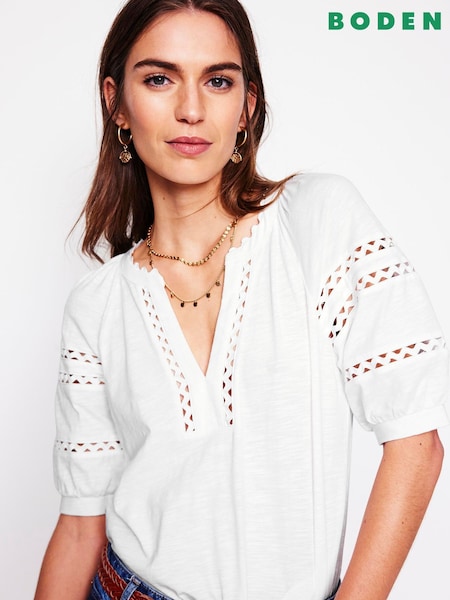 Boden White Maisy Rikrak Trim 100% Cotton Top (W36586) | £46