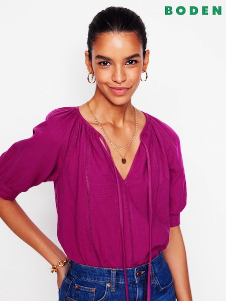 Boden Pink Trim Insert Double Cloth 100% Cotton Top (W36594) | £60