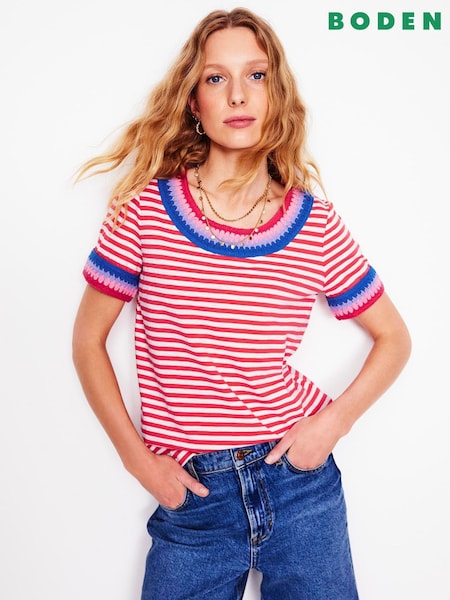 Boden Red Fae Crochet 100% Cotton T-Shirt (W36607) | £52