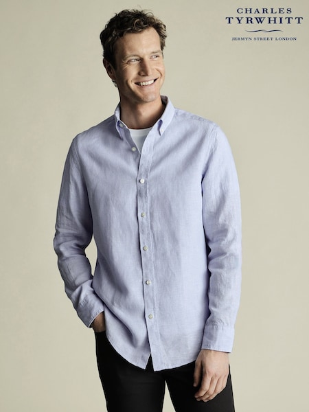 Charles Tyrwhitt Blue Slim Fit Plain Button Down Pure 100% Linen Shirt (W36648) | £75