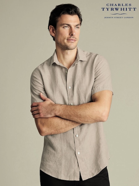 Charles Tyrwhitt Grey Slim Fit Slim Fit Plain Short Sleeve Pure 100% Linen Shirt (W36653) | £75