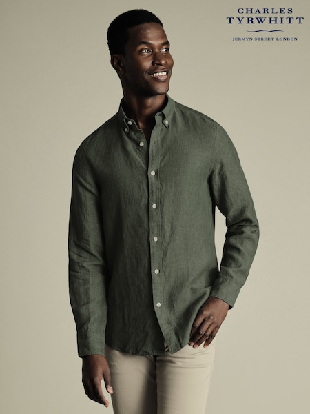 Charles Tyrwhitt Green Slim Fit Slim Fit Plain Short Sleeve Pure 100% Linen Shirt (W36659) | £75