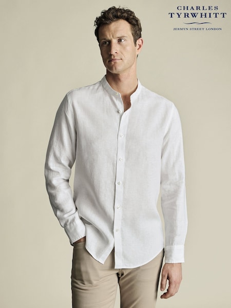 Charles Tyrwhitt White Slim Fit Plain Collarless Pure 100% Linen Shirt (W36667) | £75