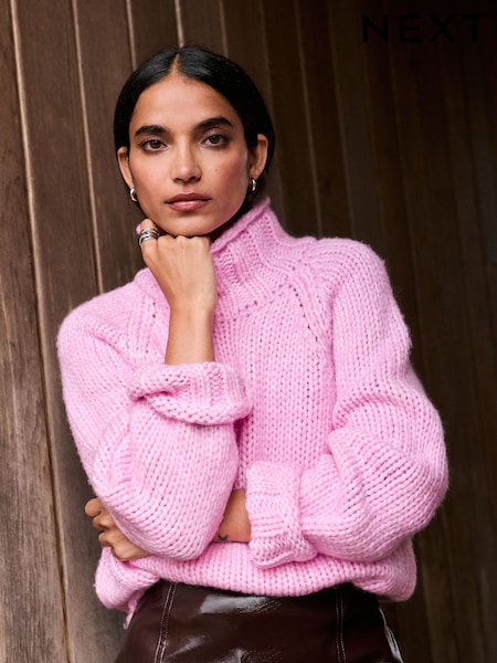 Bright Pink Chunky Knit Stand Neck Jumper With Wool (W36694) | £36