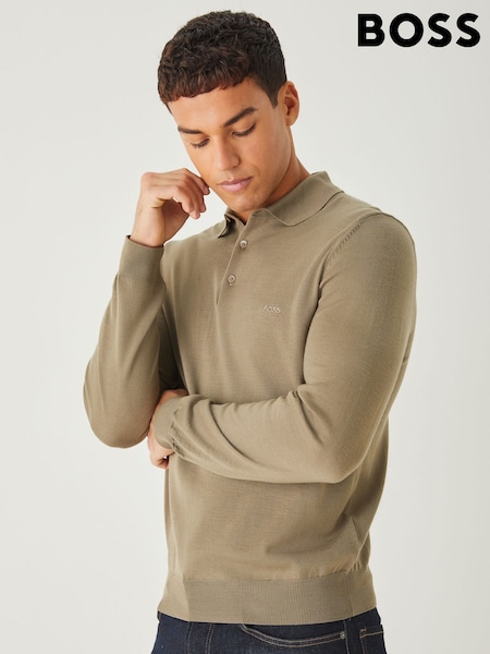 BOSS Brown Regular Fit Bono Long Sleeve Knitted Polo Shirt (W36728) | £159