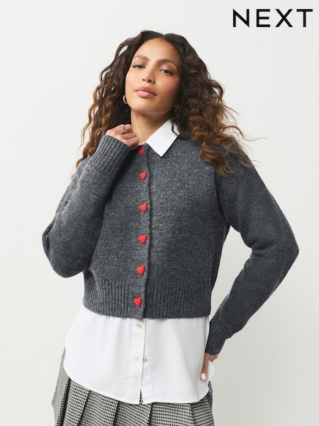 Grey/Red Heart Buttons Crew Neck Knitted Cardigan (W36884) | £32