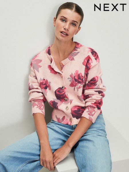 Pink Floral Print Crew Neck Knitted Cardigan (W36886) | £42