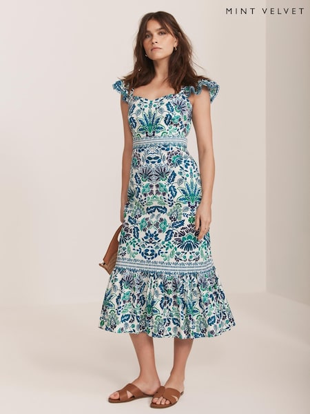 Mint Velvet Green 100% Cotton Floral Print Midi Dress (W36945) | £160