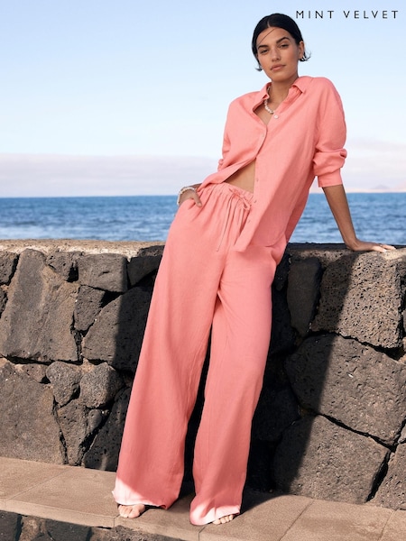 Mint Velvet Pink 100% Linen Wide Leg Trousers (W36952) | £99