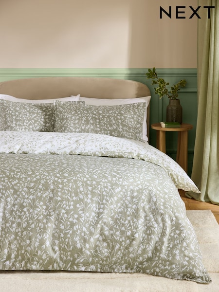Sage Green Brushed Cotton Reversible Duvet Cover and Pillowcase Set (W36982) | £32 - £62