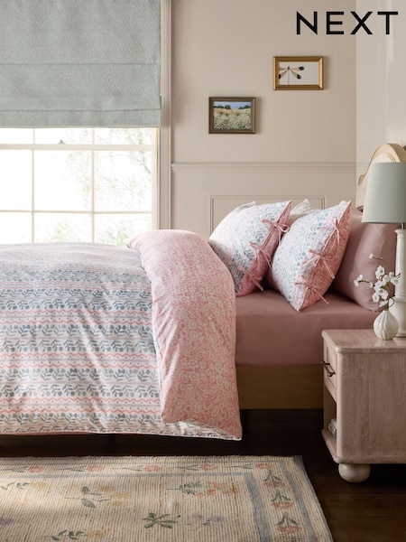 Blue/Pink Woodblock 200TC Percale Collection Luxe Duvet Cover And Pillowcase Set (W37080) | £45 - £75