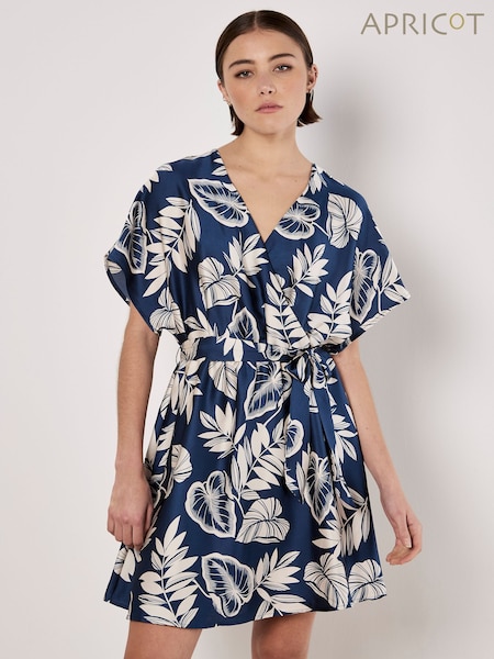 Apricot Blue Palm Leaf Print Wrap Kimono Satin Dress (W37455) | £0
