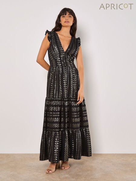Apricot Black Ruffle Hem V-Neck Maxi Dress (W37458) | £65