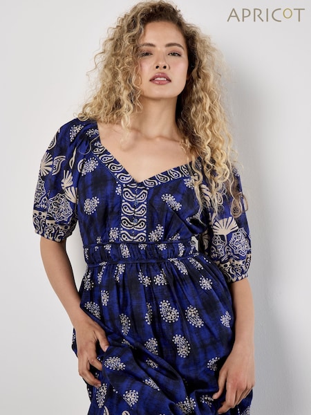 Apricot Blue Paisley Border Button Detail 100% Cotton Dress (W37459) | £46