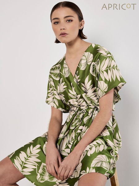 Apricot Green Palm Leaf Print Wrap Kimono Satin Dress (W37464) | £40