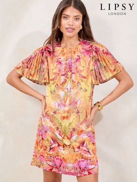 Lipsy Pink Printed Floral Pleated Mini Shift Dress (W37541) | £62