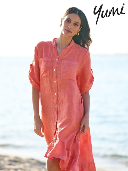 Yumi Orange Italian 100% Linen Shirt Dress With Frill Hem (W37551) | £70