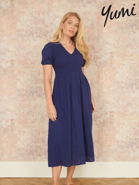 Yumi Blue Double 100% Cotton Ruched Midi Dress (W37554) | £70