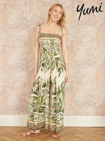 Yumi Green Palm Print Strappy Viscose Jumpsuit (W37556) | £60