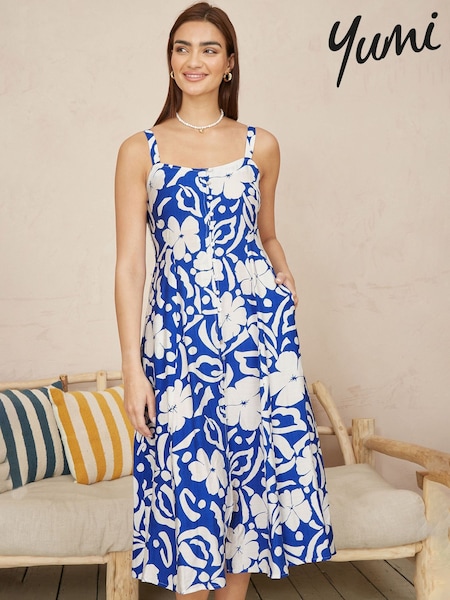 Yumi Blue Floral Button Through Midi Dress (W37563) | £50