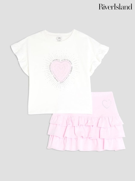 River Island Pink Girls Heart 100% Cotton T-Shirt and Rara Skirt Set (W37590) | £26