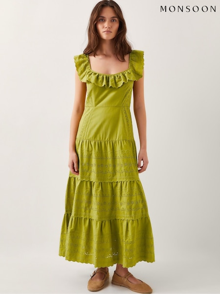 Monsoon Green Lucy Broderie Frill Midi Dress (W37591) | £90
