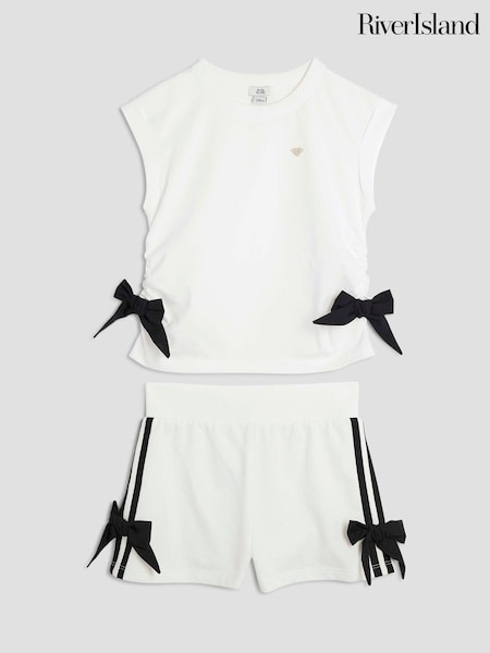River Island White Girls 100% Cotton Mono Bow Shorts Set (W37592) | £24