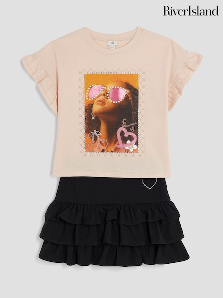 River Island Black Girls 100% Cotton T-Shirt and RaRa Skirt Set (W37593) | £26
