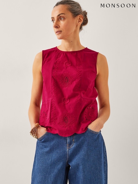 Monsoon Red Orla Broderie Tank 100% Cotton Top (W37595) | £55