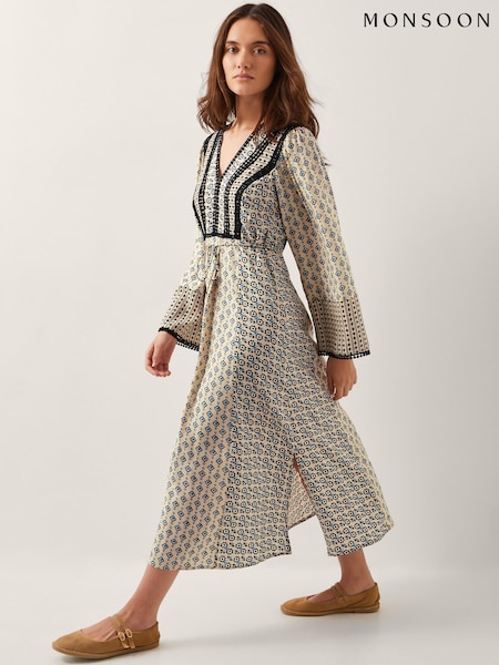 Monsoon Natural Jemmie Print Long Sleeve Midi Dress (W37597) | £85