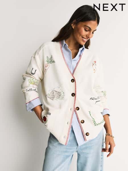 Ecru Embroidered Supersoft V-Neck Cardigan With Pockets (W37670) | £50