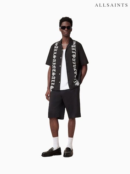 AllSaints Black Scripture Short Sleeve 100% Organic Cotton Shirt (W37674) | £129