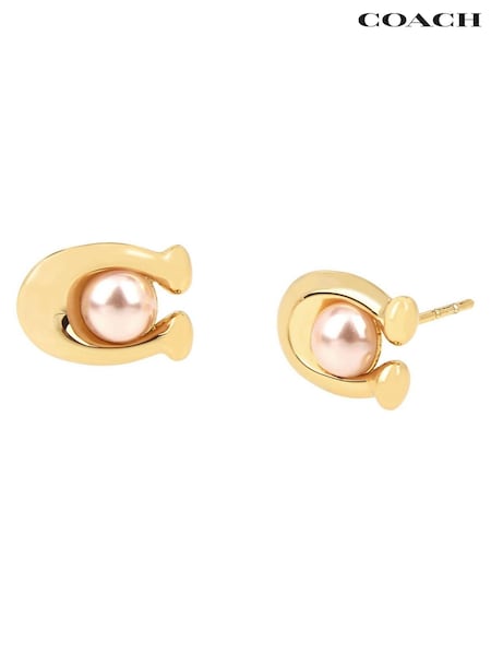 COACH Gold Tone Pearl Signature C Stud Earrings (W37688) | £40