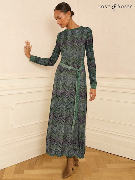 Love & Roses Teal Blue Chevron Wide Neck Lurex Knitted Dress (W37755) | £65