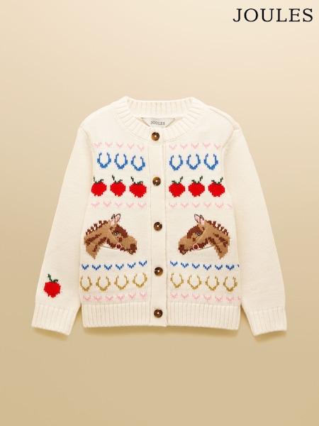 Joules Girls' Pippa Cream Horse Cream Horse Knitted Cardigan (W37959) | £30 - £33