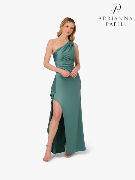 Adrianna Papell Green One Shoulder Satin Crepe Gown (W38037) | £199
