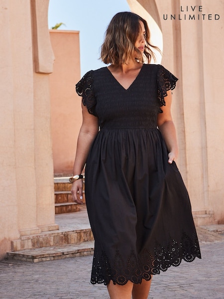 Live Unlimited Black Broderie Shirred 100% Organic Cotton Dress (W38040) | £99