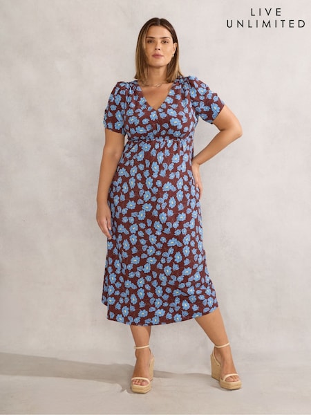 Live Unlimited Brown Floral Print V-Neck Shirred Dress (W38042) | £99